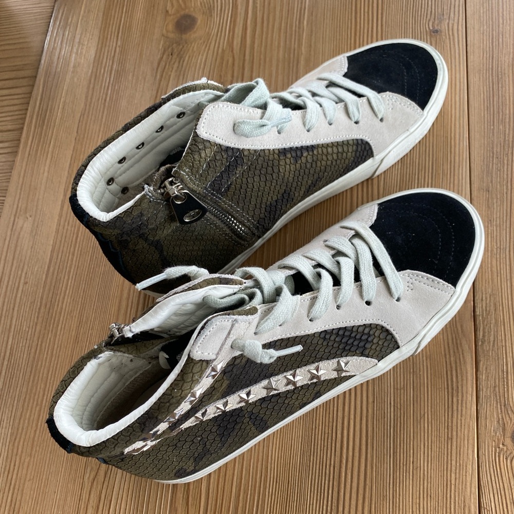 Vintage Havana High-Top Snake-Print Sneakers with Studded Accent — Olive & Black